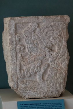Tüylü bir yılan tanrısının Cancun Maya Müzesi 'ndeki sunumunun Maya seramik görüntüsüne yakın.