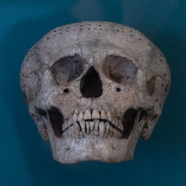 Cancun Maya Müzesi 'nde antik bir Maya kafatasının makro fotoğrafı.