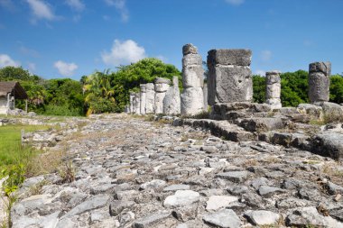 Güneşli bir günde antik Maya yapı taş duvarları ve kolonların San Miguelito arkeolojik sahasına güzel bir görüntüsü.