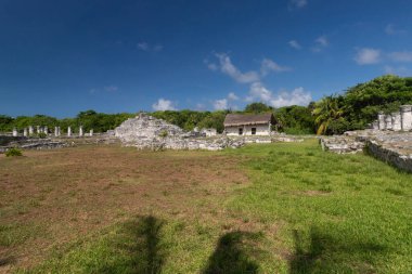 Güneşli bir günde Cancun Mexico 'daki El Rey arkeoloji sahasının güzel manzarası