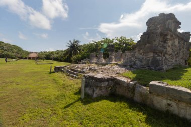 Meksiko 'da Cancun City' nin ortasındaki El Rey arkeoloji sahasının güzel manzara fotoğrafı. Arkaplanda yapı yıkıntıları ve orman var.