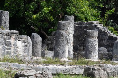Antik Maya evinin kolonları ve duvarları güneşli bir günde Meksika 'nın Cancun şehrinin ortasındaki El Rey arkeoloji sahasına yıkıldı.