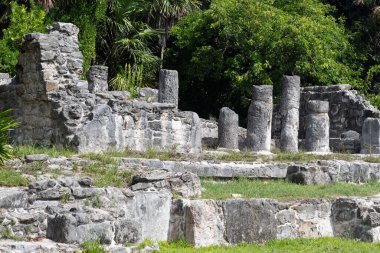 Cancun 'daki El Rey arkeoloji sahasına kolon ve duvarları olan antik bir Maya harabelerinin güzel bir fotoğrafı.