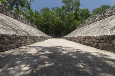 Güneşli bir günde coba arkeolojik bölgeye top sahası olarak bilinen antik Maya yapısının çarpıcı bir sahnesi.