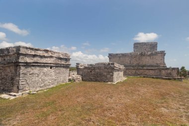 Tulum arkeolojik bölgesinde güneşli bir günde üç antik Maya tapınağının güzel manzarası