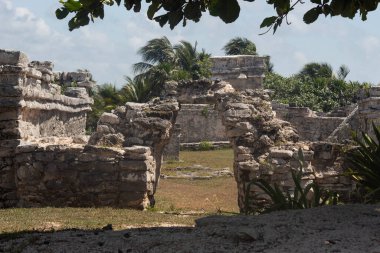 Tulum arkeolojik bölgesinde güneşli bir günde Maya kompleksinin güzel bir girişine yakın.