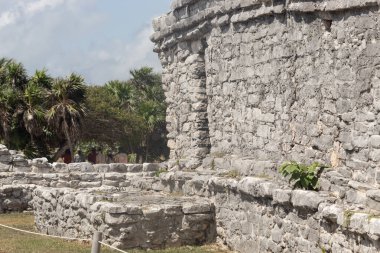 Güneşli bir günde, Tulum arkeolojik bölgesine bir Maya yapısının antik duvarlarına yakın.