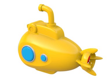 Beyaz arka plan üzerinde izole soyut sarı oyuncak denizaltı. 3D render.