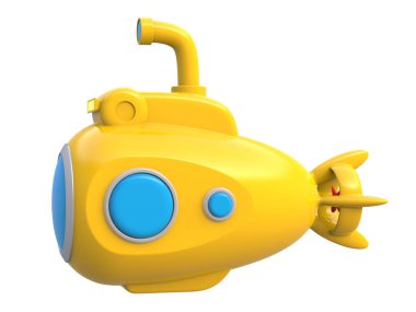 Beyaz arka plan üzerinde izole soyut sarı oyuncak denizaltı. 3D render.