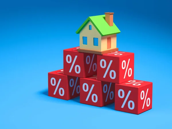 Absztrakt miniatűr House és a piros blokkok százalékos. 3D-s illusztráció. — Stock Fotó