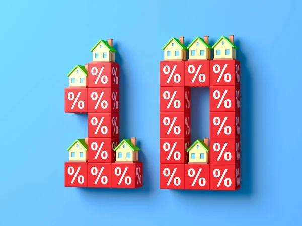 Number Ten With Miniature Houses And Red Percentage Blocks. 3d Illustration.