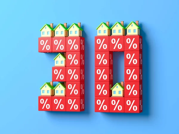 Otuz Minyatür Evler Kırmızı Yüzde Bloklarıyla Numara Çizim — Stok fotoğraf