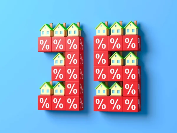 Número Treinta Cinco Con Casas Miniatura Bloques Porcentaje Rojo Ilustración —  Fotos de Stock