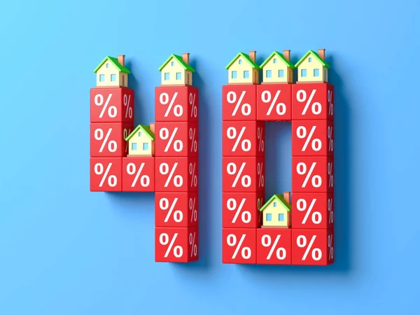 Número Cuarenta Con Casas Miniatura Bloques Porcentaje Rojo Ilustración —  Fotos de Stock