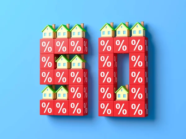 Elli Minyatür Evler Kırmızı Yüzde Bloklarıyla Numara Çizim — Stok fotoğraf