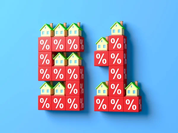 数字五十一与微型房子和红色百分比块 — 图库照片
