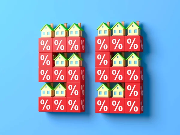 Number Fifty Five With Miniature Houses And Red Percentage Blocks. 3d Illustration.