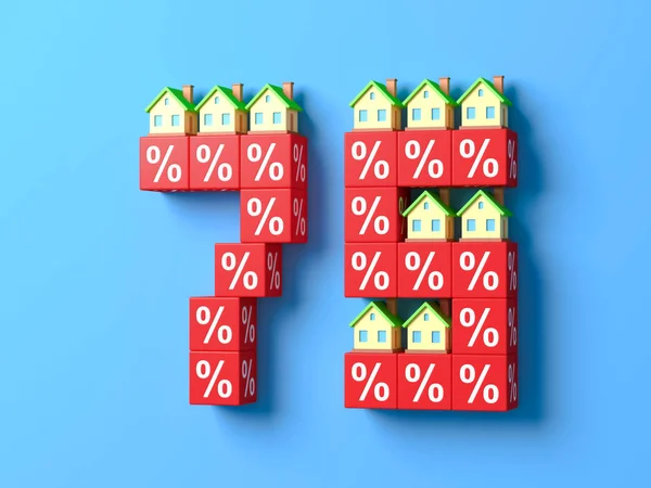 Number Seventy Five With Miniature Houses And Red Percentage Blocks. 3d Illustration.