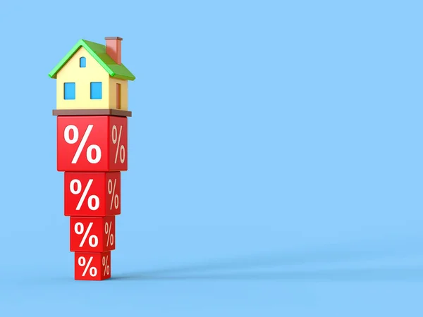 Abstraktes Miniaturhaus Auf Roten Prozentblöcken Illustration — Stockfoto