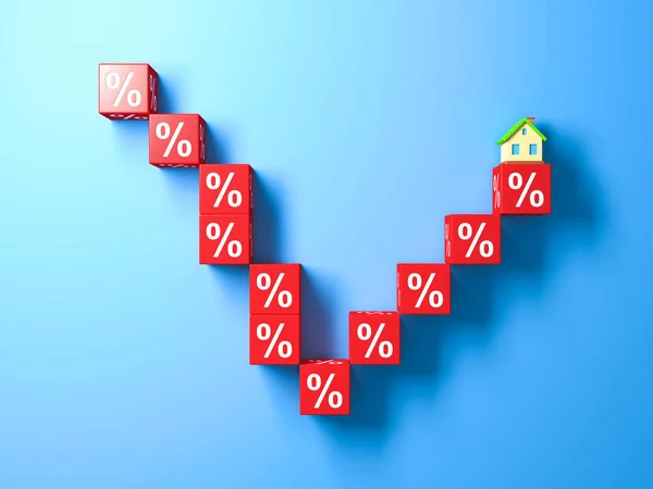Abstrakt miniatyr hus och röda procentandel block. 3D illustration. — Stockfoto