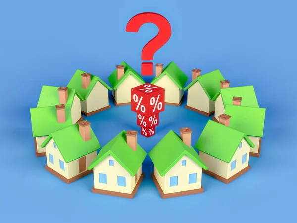 Abstract Miniature House Whith Red Percentage Blocks Question Mark Inglês — Fotografia de Stock