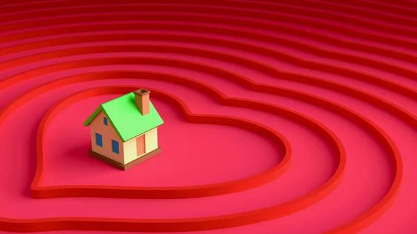 Abstract Casa Miniatura Sfondo Rosso Forma Cuore Rendering — Foto Stock