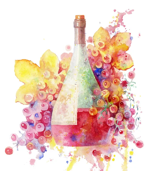 Rotwein Einer Glasflasche Und Trauben Bunte Handgefertigte Aquarelle Alter Wein — Stockfoto