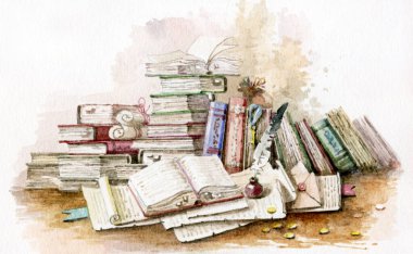 Eski kütüphane. Masanın üzerinde açık bir kitap var. Eski kitaplar ve parşömenler. Suluboya çizimi.