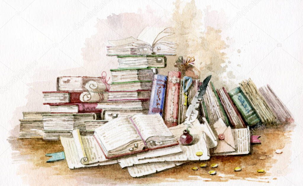 Old library. Open book on the table. Old books and scrolls. Watercolor illustration.