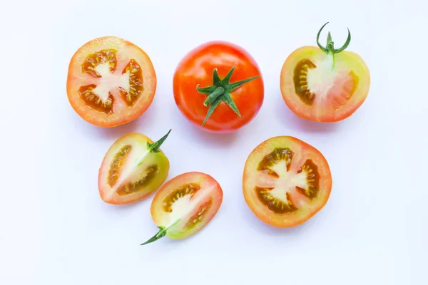 Frische Tomaten Auf Weißem Holzgrund Ansicht Von Oben — Stockfoto