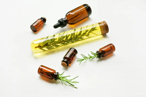 Glass Bottle Essential Oil Rosemary Top View — Stock Photo, Image