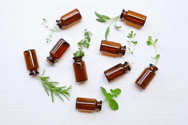 Top View Bottle Essential Oil Herbs White — Stock Photo, Image