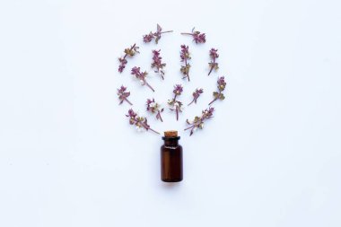 Reyhan çiçeği esans ot beyaz arka planda açılan şişe