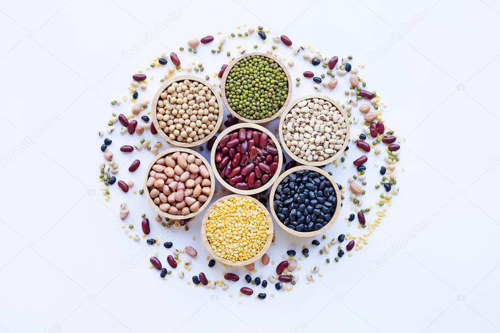 Different legumes isolated on white background.