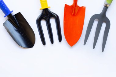 Bahçe küreği ve beyaz arka plan üzerinde izole çatal