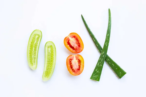 Cucumber, Tomato, Aloe vera,Natural ingredients for homemade skin care on white.
