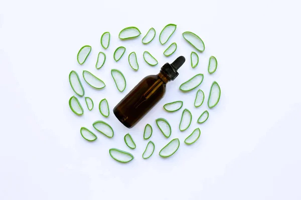 Vista Superior Botella Aceite Esencial Con Aloe Vera Sobre Fondo — Foto de Stock