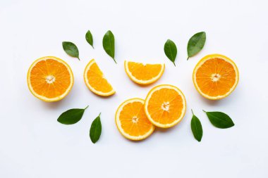Fresh orange citrus fruit with leaves on white background clipart