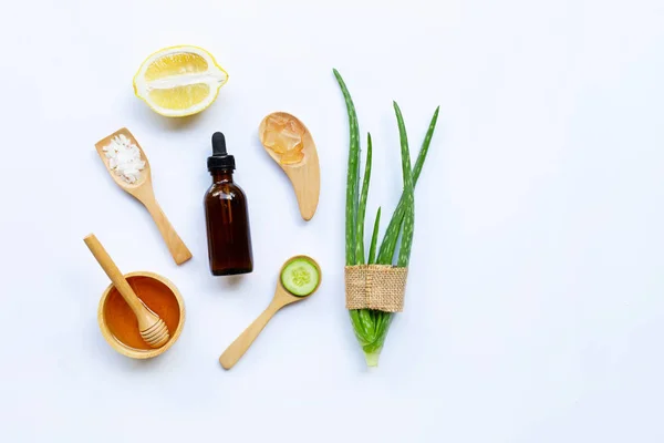 Aloe vera, lemon, cucumber, salt, honey. Natural ingredients for homemade skin care on white