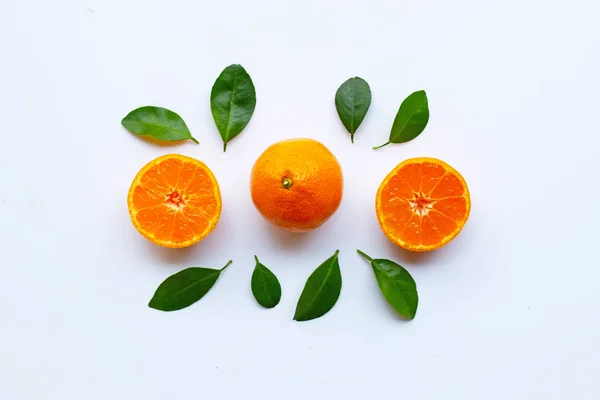 Orange fruits with leaves on white background. Top view