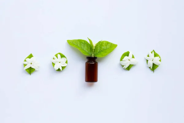 Flasche ätherisches Öl mit Jasminblüte und Blättern auf weißem Grund. — Stockfoto