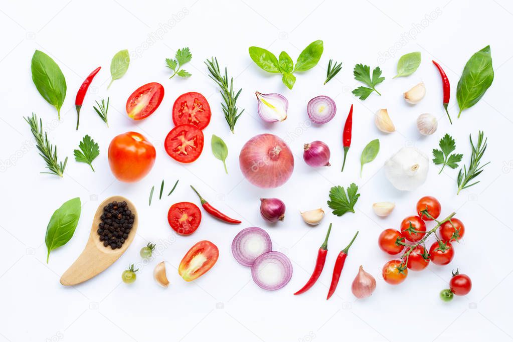 Various fresh vegetables and herbs on white background. Healthy 