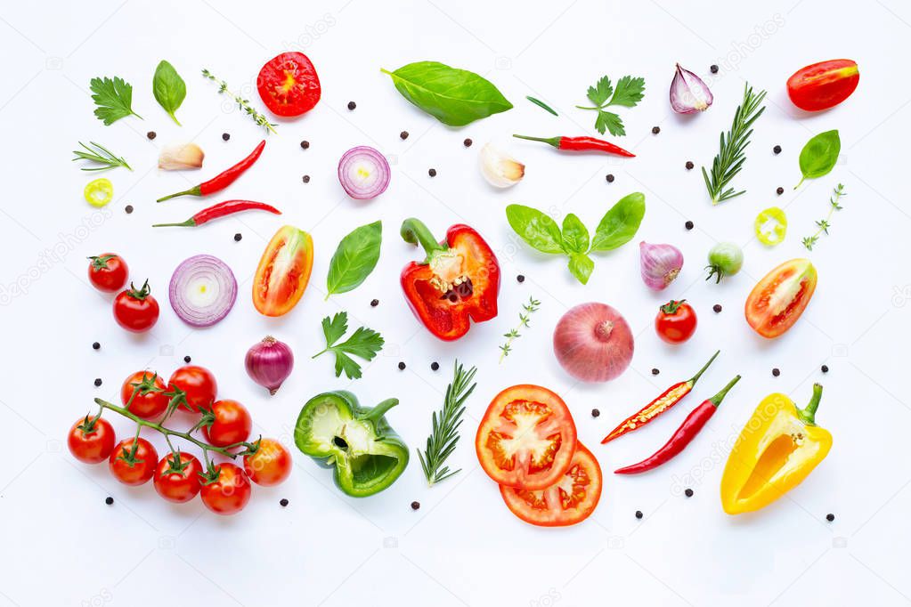 Various fresh vegetables and herbs on white background. Healthy 