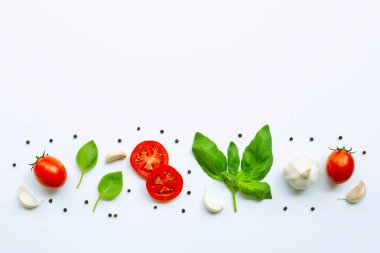 Beyaz arka planda çeşitli taze sebzeler ve otlar. Sağlıklı 