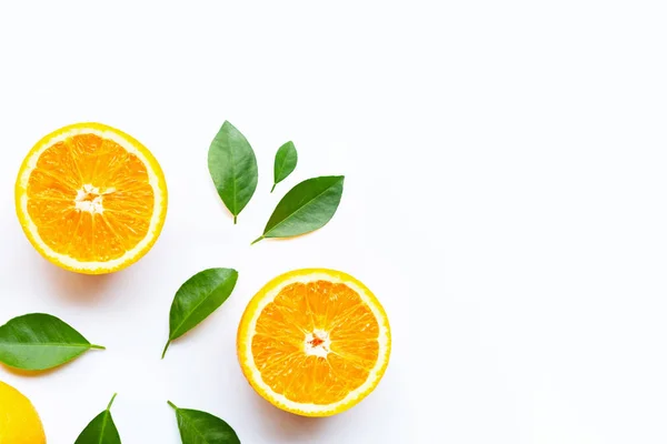 Fresh orange citrus fruits with leaves on white — Stock Photo, Image