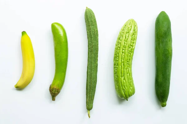 Banán, zelený dlouhozrnné lilce, Luffa acutangula, hořký meloun, GR — Stock fotografie