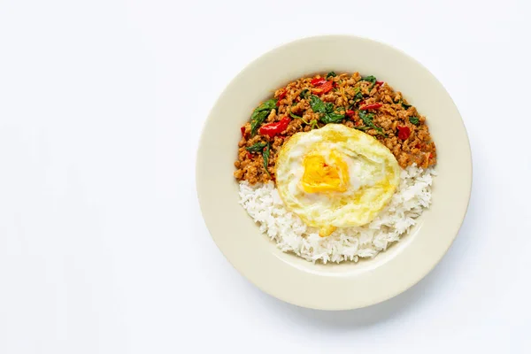 Rice topped with stir-fried pork with holy basil and fried egg — Stock Photo, Image