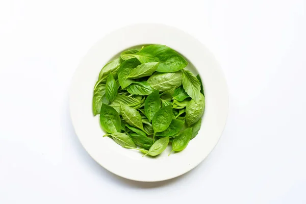 Fresh green basil leaves in white dish on white background. — Stock Photo, Image