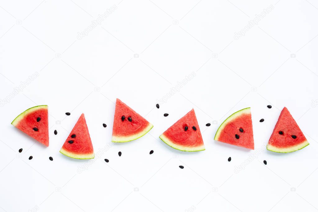 Summer fruit, Slices of watermelon with seeds on white backgroun