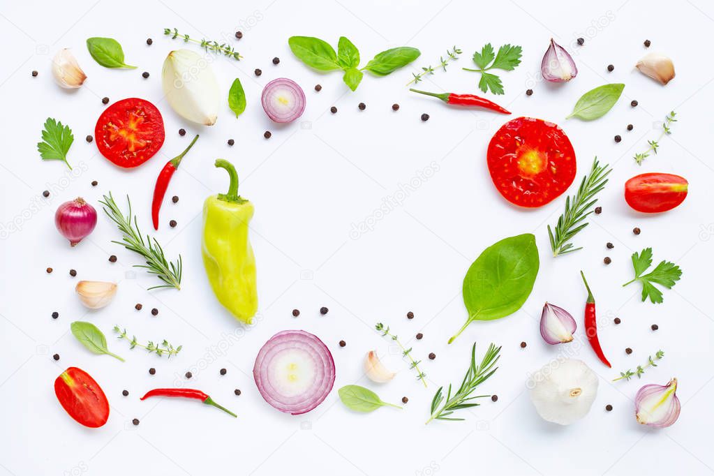 Various fresh vegetables and herbs on white background. Healthy 